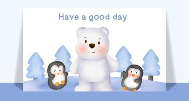 Watercolor cute polar and friends in snow forest card. vector