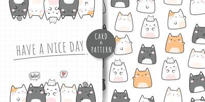 Tarjeta de doodle de dibujos animados lindo gatito gordito gato y paquete de patrones sin fisuras vector
