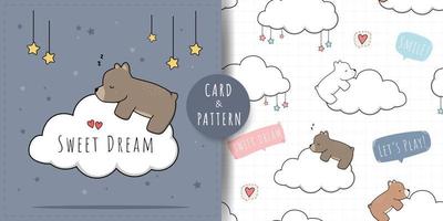 Cute teddy bear sleeping and hugging cloud cartoon doodle card and seamless pattern vector