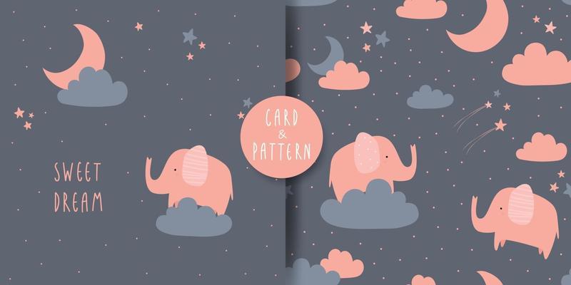 Cute elephant sweet dream cartoon card and seamless pattern bundle