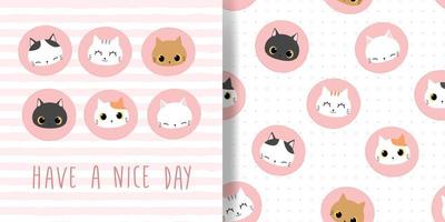 Tarjeta de dibujos animados lindo gato gatito y paquete de patrones sin fisuras vector