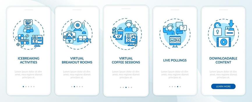 Remote events success tips onboarding mobile app page screen with concepts vector