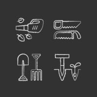 Garden instruments chalk white icons set on black background vector