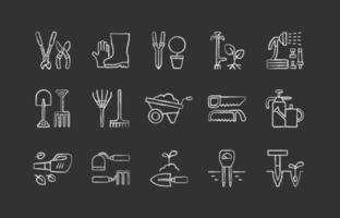 Gardening tools chalk white icons set on black background vector