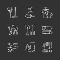 Gardening equipment chalk white icons set on black background vector