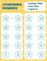 Comparing numbers worksheet practice print sheet. Vector illustration.