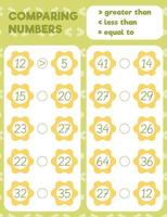 Comparing numbers worksheet practice print sheet. Vector illustration.