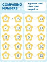 Comparing numbers worksheet practice print sheet. Vector illustration.