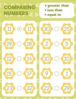 Comparing numbers worksheet practice print sheet. Vector illustration.