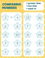 Comparing numbers worksheet practice print sheet. Vector illustration.