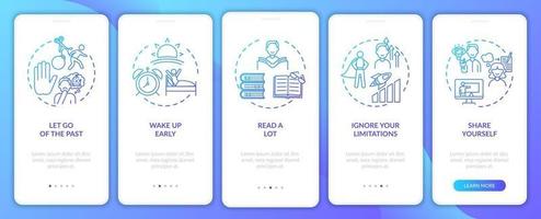 Self-development tips navy onboarding mobile app page screen with concepts vector