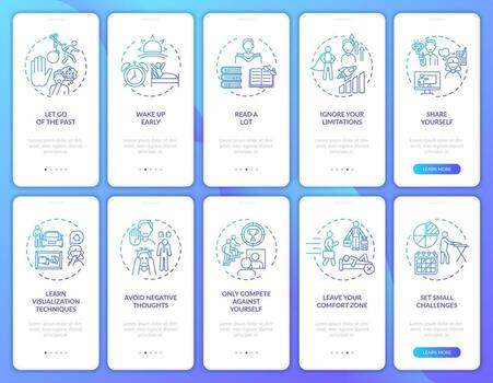 Self-development tips navy onboarding mobile app page screen with concepts set vector