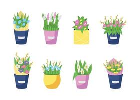 Bouquets in vases flat color vector object set