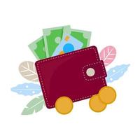 Vector concept illustration. Wallet, purse with paper money, credit card and coins. Flat vector cartoon illustration. Wallet top view, isolated on white background.