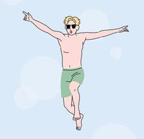 A man who came to the beach in the summer is jumping excitedly wearing a swimsuit. hand drawn style vector design illustrations.