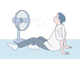 A boy is sitting on the floor and being blown by a fan. hand drawn style vector design illustrations.