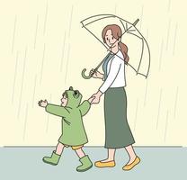 A mother and a child in frog raincoats are walking happily in the rain. hand drawn style vector design illustrations.