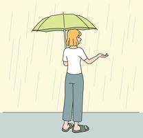 A woman is wearing an umbrella and reaching out her hand in the rain. hand drawn style vector design illustrations.