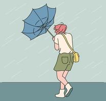 An umbrella turned over while a girl walked through a strong rainstorm. hand drawn style vector design illustrations.