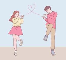 una pareja en una linda pose haciendo un gesto de dispararse una bala de amor el uno al otro. ilustraciones de diseño de vectores de estilo dibujado a mano.