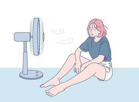 A girl is sitting in front of a fan to cool off. hand drawn style vector design illustrations.