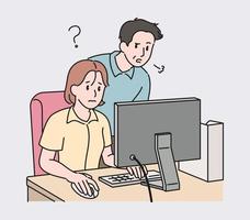 la empleada está trabajando en la computadora y el jefe está mirando su monitor y suspirando. ilustraciones de diseño de vectores de estilo dibujado a mano.