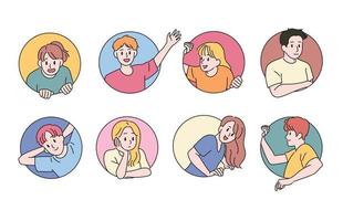 People stick out in the circle and make various facial expressions. hand drawn style vector design illustrations.