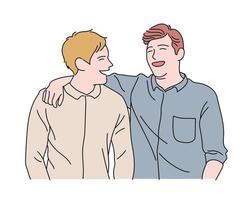 Two friends are showing joyful expressions. hand drawn style vector design illustrations.