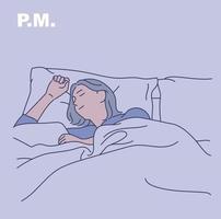 una mujer duerme cómodamente. ilustraciones de diseño de vectores de estilo dibujado a mano.