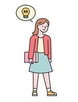 A girl holding a book comes up with an idea. flat design style minimal vector illustration.