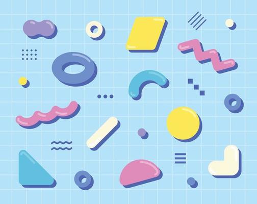Cute shapes are scattered on the blue grid. Simple pattern design template.