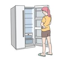 The back of a woman opening an empty refrigerator. hand drawn style vector design illustrations.