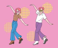 A funny couple is dancing in the same pose. hand drawn style vector design illustrations.