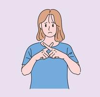 A woman is making an X with her fingers. hand drawn style vector design illustrations.