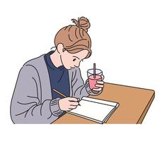 https://static.vecteezy.com/system/resources/thumbnails/002/228/609/small/a-girl-is-holding-a-drink-in-one-hand-and-taking-notes-with-one-hand-hand-drawn-style-design-illustrations-vector.jpg