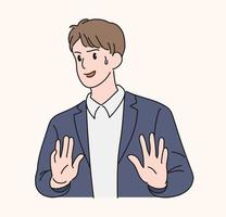 A man opens his palm and makes a rejection gesture. hand drawn style vector design illustrations.