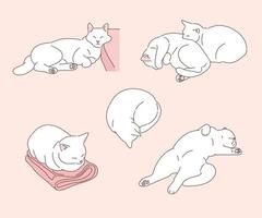 varias poses divertidas de un gato blanco. ilustraciones de diseño de vectores de estilo dibujado a mano.