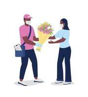 African american courier in face mask gives woman flowers flat color vector detailed characters