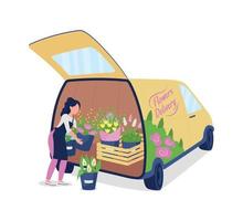 Female florist unloading auto with flowers flat color vector faceless character