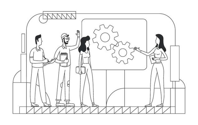 Corporate brainstorming thin line vector illustration. Professional team outline characters on white background. Business project development, idea generation, teamwork simple style drawing