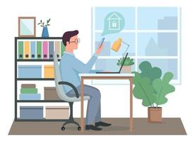 Guy controlling smart home security at work flat color vector faceless character. Man using remote security system. House protection isolated cartoon illustration for web graphic design and animation