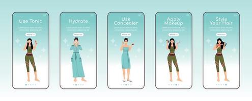 Skincare nourishing steps onboarding mobile app screen flat vector template. Toner using. Walkthrough website steps with characters. UX, UI, GUI smartphone cartoon interface, case prints set