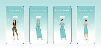 Skincare steps onboarding mobile app screen flat vector template. Face cleansing and moisturizing. Walkthrough website steps with characters. UX, UI, GUI smartphone cartoon interface, case prints set