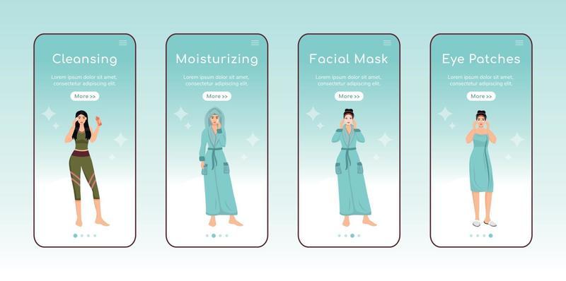 Skincare steps onboarding mobile app screen flat vector template. Face cleansing and moisturizing. Walkthrough website steps with characters. UX, UI, GUI smartphone cartoon interface, case prints set