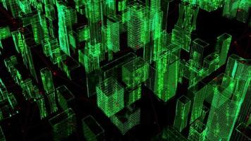 digitale stadsachtergrond met groene letters in hackerstijl