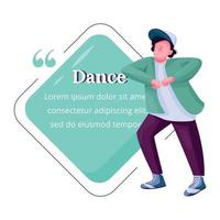 Cita de personaje de vector de color plano de joven bailarín. chico de baile libre, breakdance adolescente artista masculino. plantilla de marco en blanco de cita. burbuja de diálogo. diseño de cuadro de texto vacío de cotización