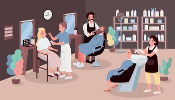 Hairdressing salon flat color vector illustration. Man cutting beard. Hairdresser washing woman's hair. Artist apply make up. Stylists 2D cartoon characters with beauty salon furniture on background