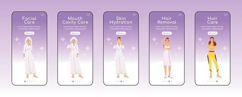 Hygiene routine onboarding mobile app screen flat vector template. Body hair removal, facial care. Walkthrough website steps with characters. UX, UI, GUI smartphone cartoon interface, case prints set