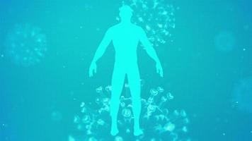Virus 3D y figura humana en un fondo de ciencia video