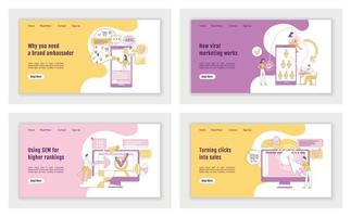 Online marketing landing page flat silhouette vector template set. Advertising business homepage layout. E marketing one page website interface with cartoon outline character. Web banner, webpage